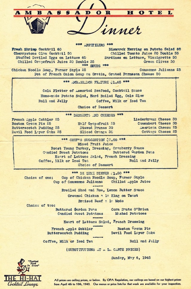 Ambassador Hotel Menu May 6 1945