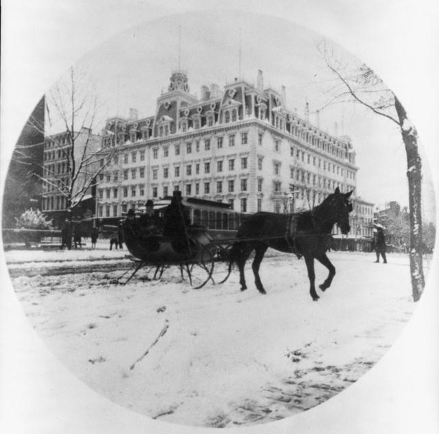 Horse-drawn sleigh before Ebbitt House 1889 3a46633u